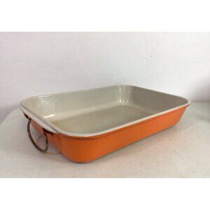 Vintage Le Creuset Orange Casserole Lasagna Pan Enameled Bail Handles Large